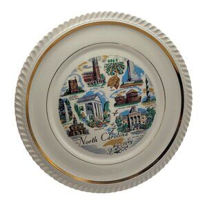 Vintage North Carolina Souvenir Plate With Gold Trim & Scenic Illustrations